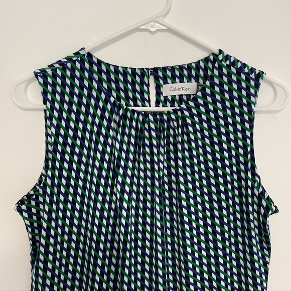 CALVIN KLEIN Green Blue Black Geo Stripe Sleeveless Shell Blouse PETITE PM MP - Picture 2 of 9